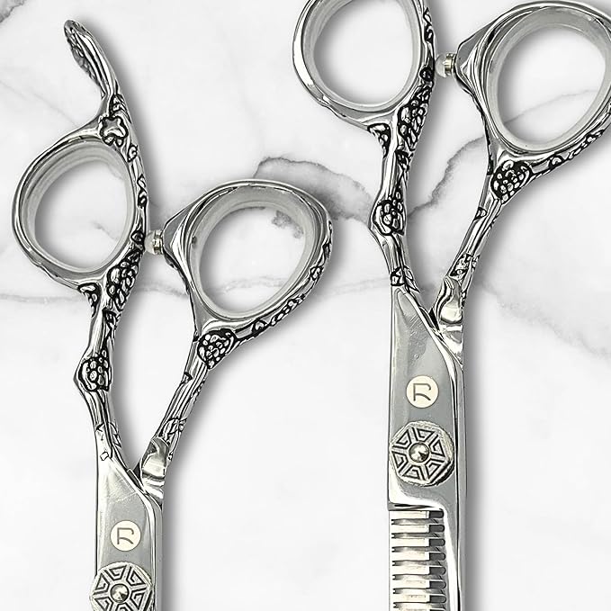 Saki Shears 6 Inch Set of Hair Cutting and Thinning Scissors With Flower Design on Handle and Finger Holes - 440C Stainless Steel - Professional Hair Cutting Set (Silver)
