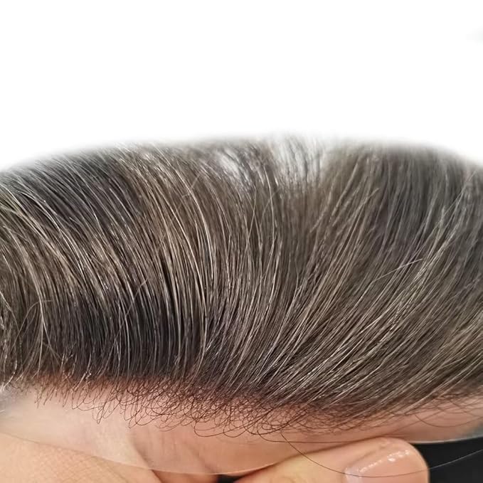 FACE MIRACLE Toupee for Men Lace Center Mens Toupee Hairpiece for Man Human Hair Replacement System Lace Center with Poly around Hair Units Mens Wig Hair Prosthesis 6"X8" #310 Dark Brown with 10% Gray