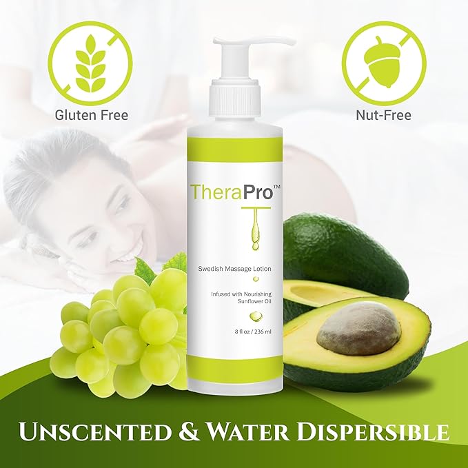 Swedish Massage Lotion by TheraPro - 8 oz. - Unscented, Water Dispersible - Swedish Deep Tissue for Massage Therapy - Smooth Glide No Sticky Residue - Professional Lotion