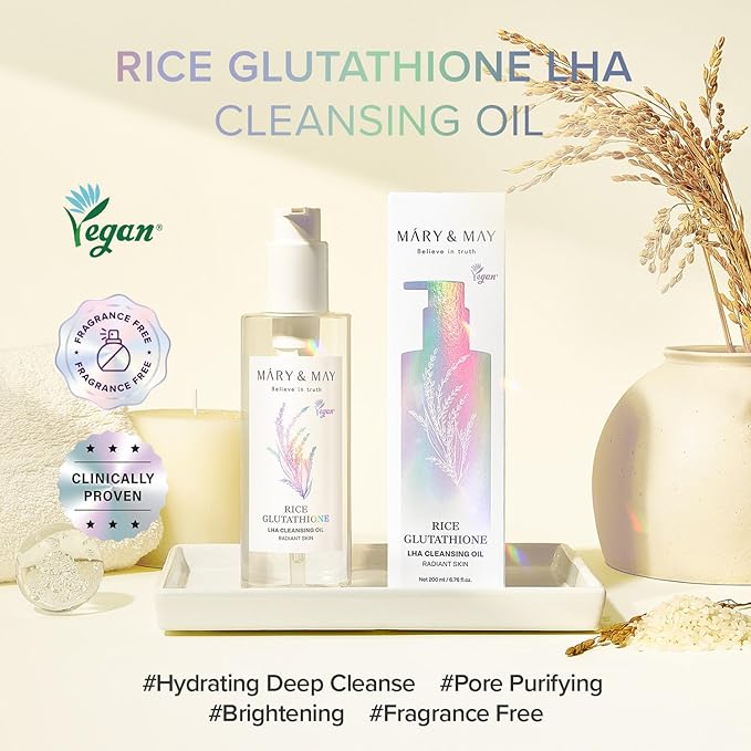Mary&May Rice + Glutathione LHA Cleansing Oil | Daily Makeup Remover | Removes Impurities, Sebum & Clogged Pores | Double Cleanse | Gentle Exfoliation for Sensitive Skin | Korean Skincare | 6.76 fl oz