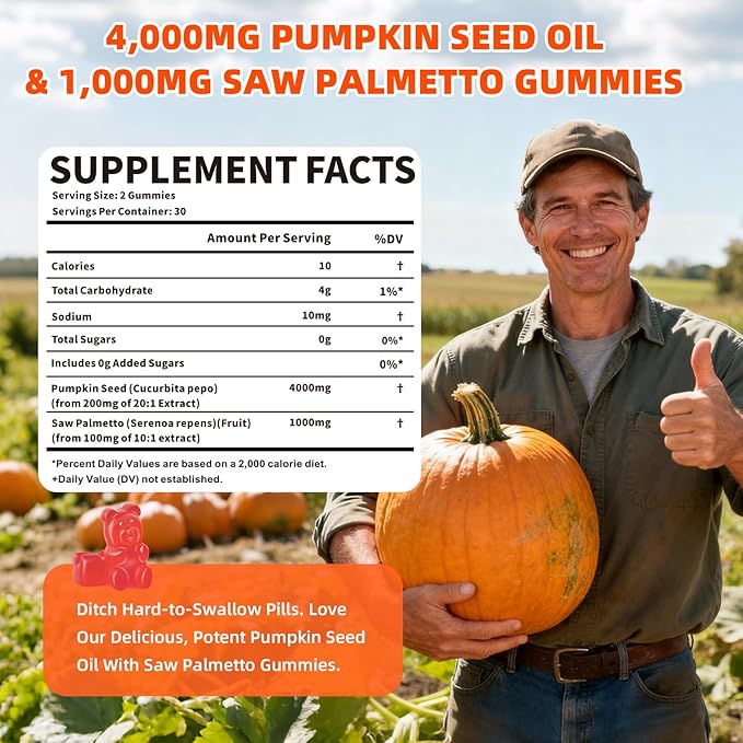 Pumpkin Seed Oil Supplement Gummies 4000mg with Saw Palmetto for Hair Growth & Skin Health, High Pure Extract for Women & Men Extra Strength Pumpkin Seed, Strawberry Flavor, 120 Count