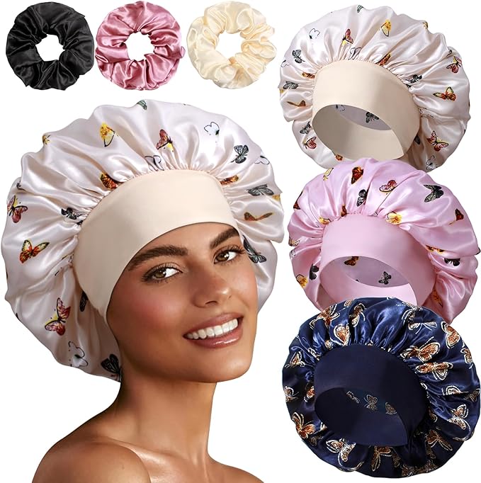 3+3 Large Satin Bonnets with Scrunchies for Women, Wide Band Hair Bonnet for Sleeping Braids Curly Hair