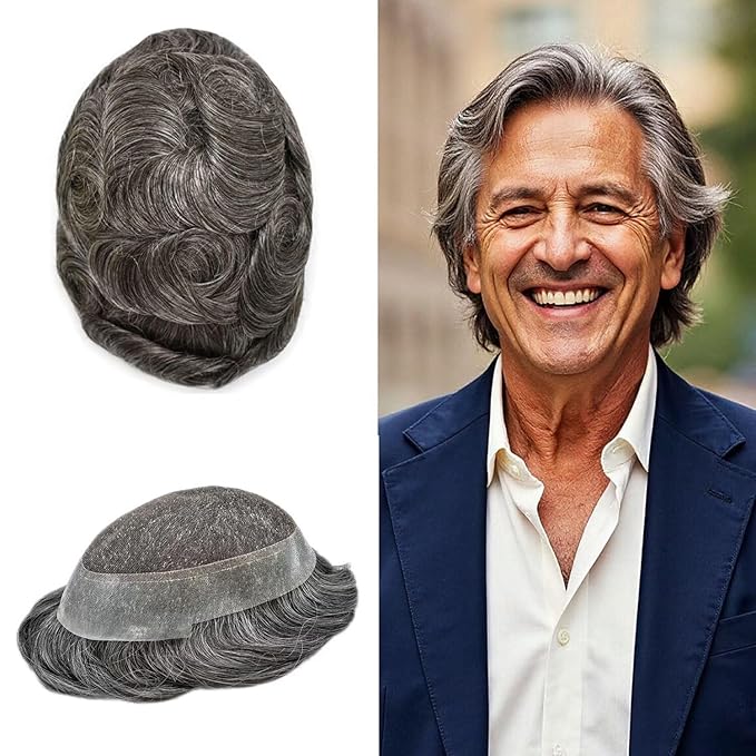 FACE MIRACLE Lace Front Mens Toupee Human Hair System Lace Center Toupee for Men Thin Skin PU Around Hair Replacement System V-Looped Mens Hair Wig 8"X10" #240 2# DARKEST BROWN WITH 40% SYNTHETIC GREY
