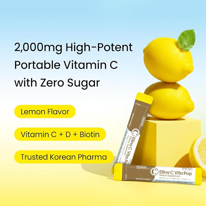 Vita Pop Vitamin C 2,000mg Korean High-Potency Daily Portable Zero Sugar Lemon Flavor Vitamin D & Biotin for Adults & Kids – Vitamin C Supplement for Immune Support, 30 Packets