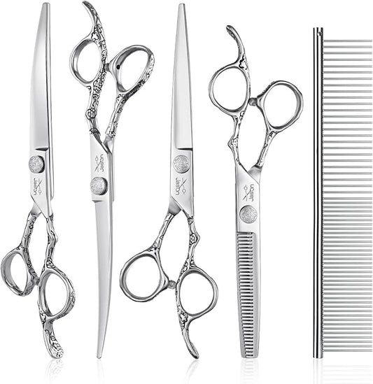JASON Professional 6 in 1 Dog Scissors Set - 6.5" Thinning, 7" Straight, 7" Up-Curved, 7" Down-Curved Shears and Comb for Cat & Pet (Silver)