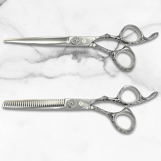 Saki Shears 6 Inch Set of Hair Cutting and Thinning Scissors With Flower Design on Handle and Finger Holes - 440C Stainless Steel - Professional Hair Cutting Set (Silver)