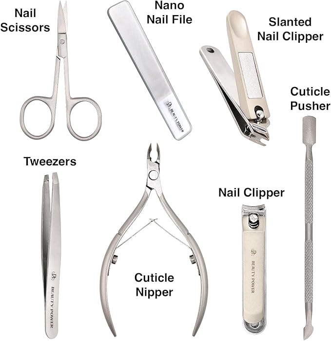 Manicure Pedicure Set 7-in-1 Stainless Steel, Ultra Sharp, Slanted Nail Clipper, Fingernail Clipper, Cuticle Nipper, Glass Nail File, Eyebrow Tweezers, Scissors, Case – Gift (Matte Gray)