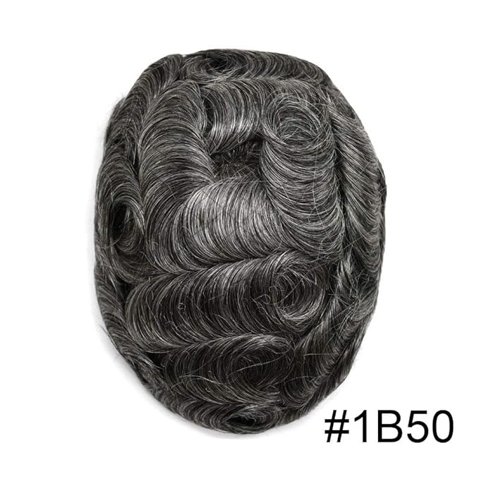 FACE MIRACLE Toupee for Men French Lace Hairpiece Human Hair Replacement System Skin PU Mens Toupee Hair Wigs for Man V-Looped Front Hair Prosthesis 7"X9" #1B50 1B# OFF BLACK WITH 50% SYNTHETIC GREY