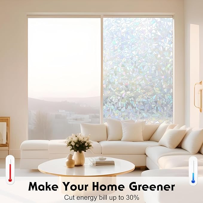 Volcanics Rainbow Window Privacy Film with Installation Tools, Decorative Stained Glass Window Film, Static Cling Heat Control Window Tinting Film Stickers, Grayish Silver, 23.6 x 78.7 inches