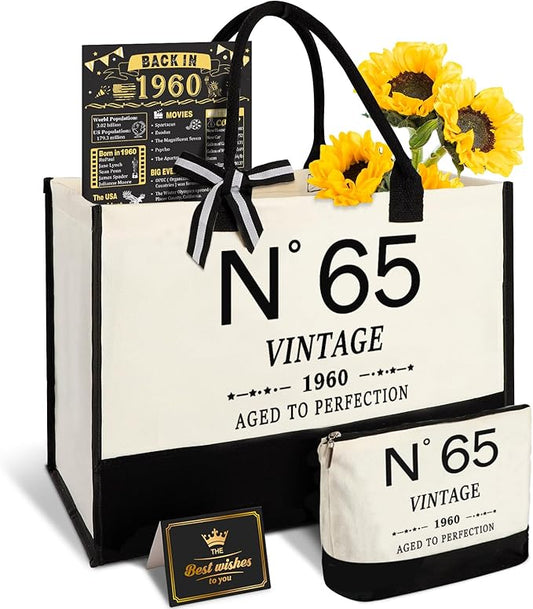 65th Birthday Gifts for Women Canvas Tote Bag Travel Gear, Unique 65 Years Old Gifts for Wife Sister Mom Aunt Friends Her, Vintage N°65 Handbag & Cosmetic Bag & Back in 1960 Poster