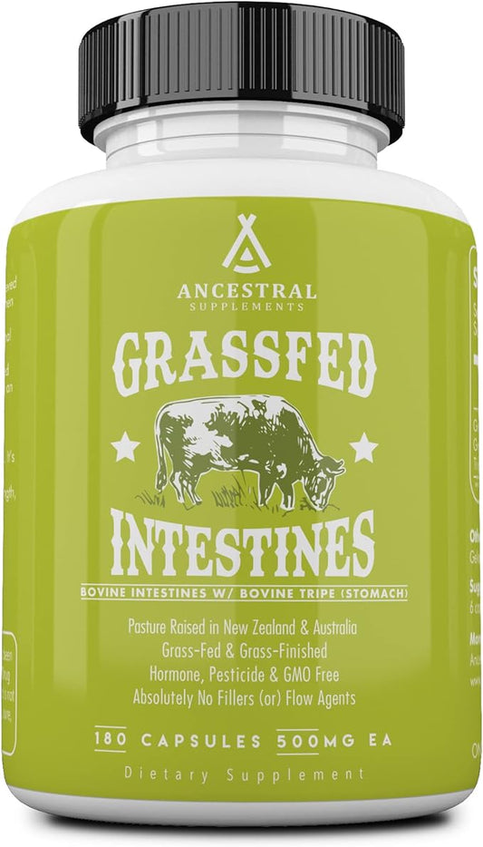 Ancestral Supplements Grass Fed Beef Intestines with Stomach (Tripe), 3000mg, Digestion Supplement Supports Acid Reflux and Gut, Intestine and Digestive Health, Non GMO, 180 Capsules