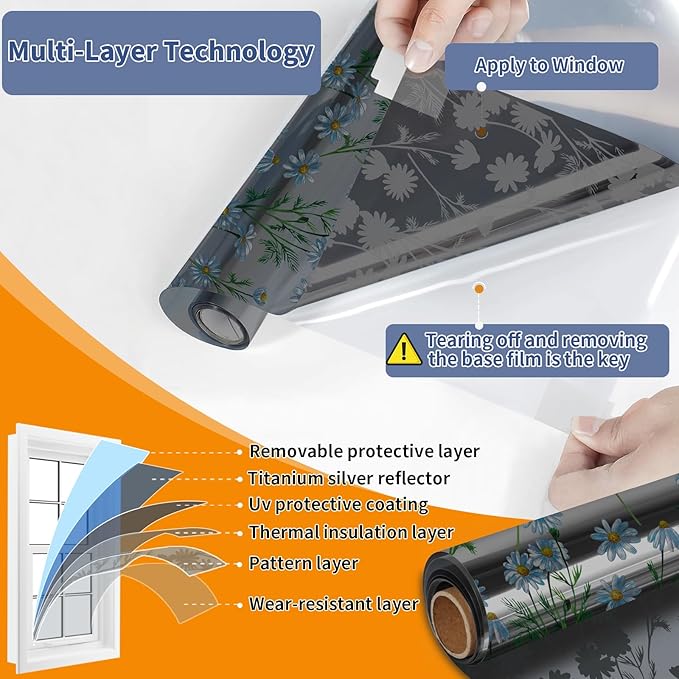 One Way Privacy Film, Window Tint for Home,Daytime Reflective, Anti UV Static Cling Sliding Door Coverings No Glue Garage Solar Paper (Black - Silver-Daisy, 23.6 x 157.4 in)