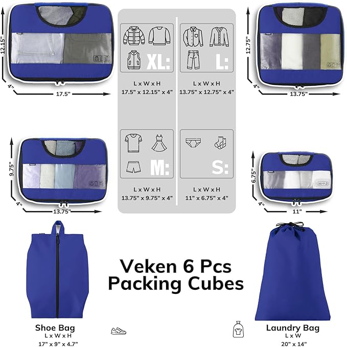 Veken 6 Set Compression Packing Cubes for Travel Essentials Luggage Accessories