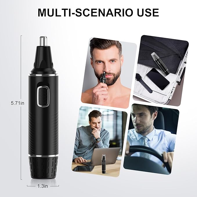 Nose Hair Trimmers for Men，Rechargeable Hair Trimmer 2 in 1 Painless Multifunctional Ear and Nose Hair Trimmer with IPX7 Waterproof Dual Edge Blades (Black Silver)