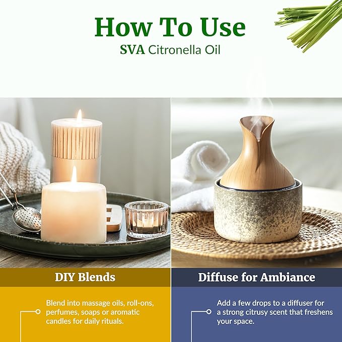 SVA Citronella Essential Oil – 4 Fl Oz – 100% Natural Citronella Oil - for Diffuser, Hair Care, Face, Skin Care, Aromatherapy, Scalp and Body Massage, Soap and Candle Making - with Dropper