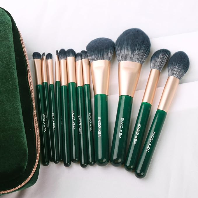 Natural Fiber & Goat Hair Makeup Brush Set Professional, Combined Hair Makeup Brushes Set with Case by Luxury ENZO KEN, Emerald Green Cosmetic Brushes Makeup Set, Natural Bristle Makeup Brushes.