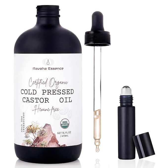 Organic Castor Oil – Cold-Pressed, Hexane-Free, 100% Pure & USDA Certified – Cold Pressed Oil for Hair, Skin, Eyelashes & Brows – 16 oz Glass Bottle with Dropper + Mini Glass Roll-On