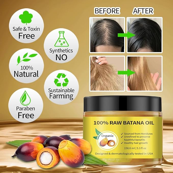 Batana Oil for Hair Growth – 100% Raw Unrefined Organic Ojon Oil from Honduras – Cold Pressed Hair Treatment for Thicker, Fuller, Healthier Hair – Dry Scalp & Damage Repair – 5.3 oz