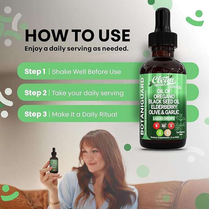 Clean Nutra Oil of Oregano Drops Black Seed Oil Elderberry Vitamin D D3 K2 Olive Garlic Immune Support Supplement Wellness Formula Zinc Supplements Liquid 2 Fl Oz BotaniGuard Vegan, Non-GMO