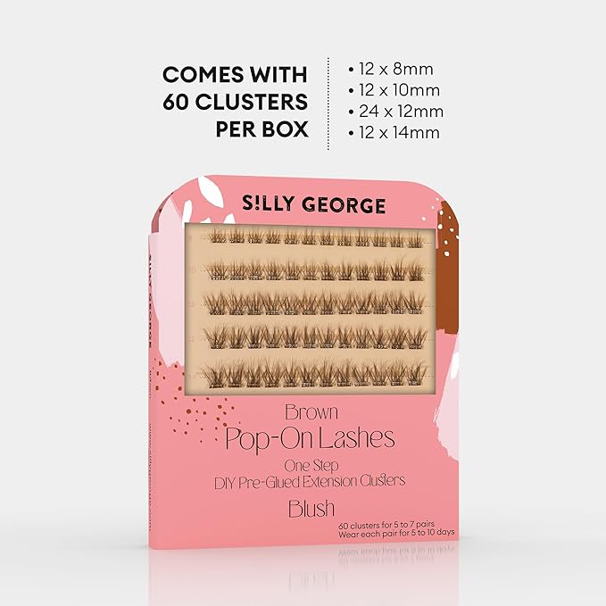Silly George Pop-On Lashes - DIY 1-Step Pre-Glued Faux Eyelash Clusters, Natural Look Extensions, Brown - Blush, 5-7 Pair Set, Pack of 60 Clusters