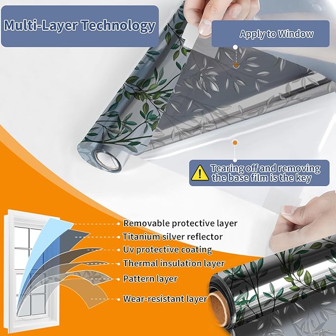 One Way Privacy Film, Window Tint for Home,Daytime Reflective, Anti UV Static Cling Sliding Door Coverings No Glue Garage Solar Paper (Silver-Leaves, 45.27 x 78.7 in)