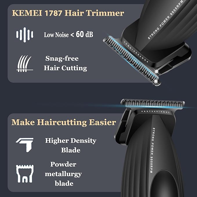 KEMEI 1787 Beard Trimmer for Men, Cordless Hair Trimmer with LED Display, 9000 RPM Hair Clippers for Barber with 2000 mAh Battery, DLC Coated T-Blade