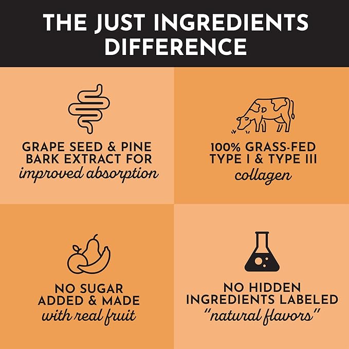 JUST INGREDIENTS Collagen Peptides – Mango Lemonade Drink Mix | 30 Servings | Bovine Collagen, Grape Seed & Pine Bark Extract | Supports Skin, Hair, Nails, Joints & Gut Health | No Sugar Added