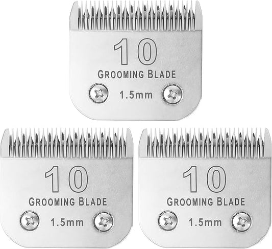 3 Pcs Size 10# Detachable Dog Grooming Blades, Compatible with Andis, Oster A5, Wahl KM10 Series Clippers, Cut Length 1.5mm, Silver (10# 1.5mm, 3 Packs)