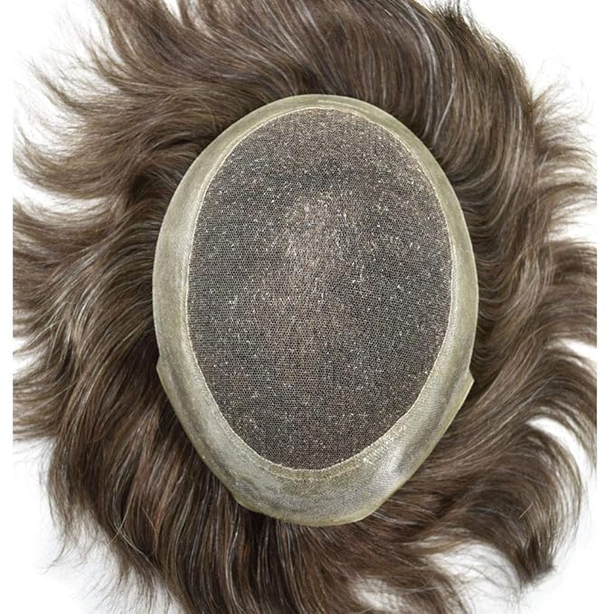 Mens Toupee Human Hair Piece French Lace Toupee for Man Hair System Indian Human Hair Replacement Systems V-Looped PU Front Hairpieces 8"X10" #550 5# MEDIUM LIGHT BROWN WITH 50% SYNTHETIC GREY