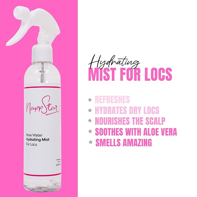 NappStar Rose Water Hydrating Mist, Moisturizing Spray for Dreadlocks, Loc Care with Aloe Vera, 8 Fl Oz
