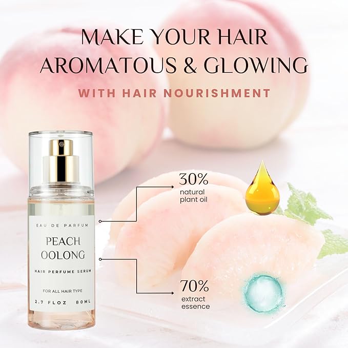 Hair Perfume for Women, Summer Lightweight Long Lasting Fragrance Mist - 3:7 Hydrating Serum Alcohol Free Formula, Argan Oil Scented Hair Spray with Keratin & Elastin (Peach Oolong) 2.7 fl oz