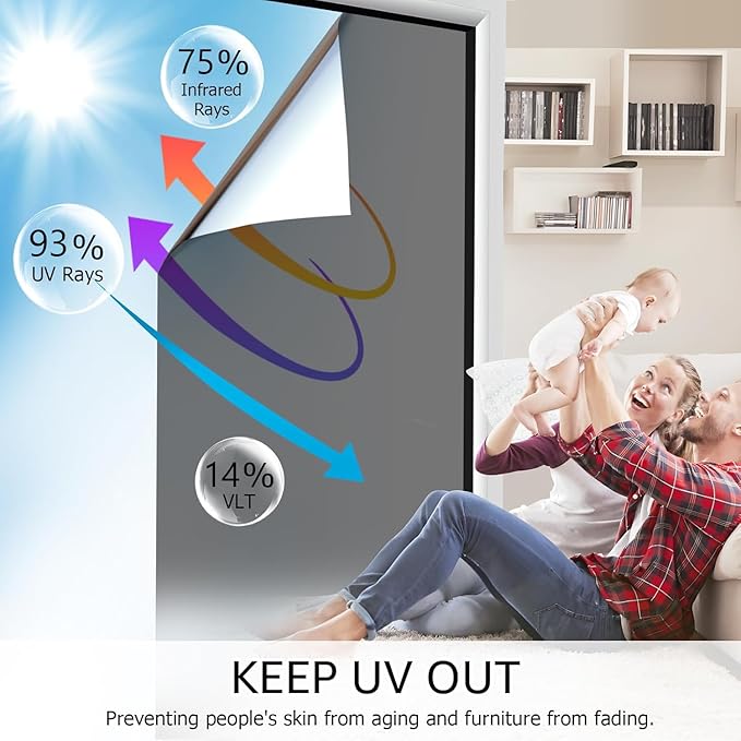 HIDBEA One Way Window Film, Daytime Privacy Sun Blocking Reflective Window Film No Glue Static Cling Heat Control Window Tinting Film for Home and Office, Black Silver, 55.1 x 393.7 Inch