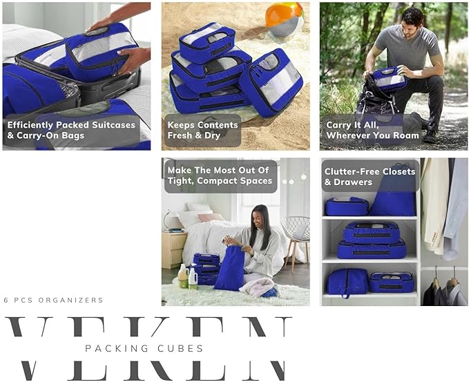 Veken 6 Set Compression Packing Cubes for Travel Essentials Luggage Accessories