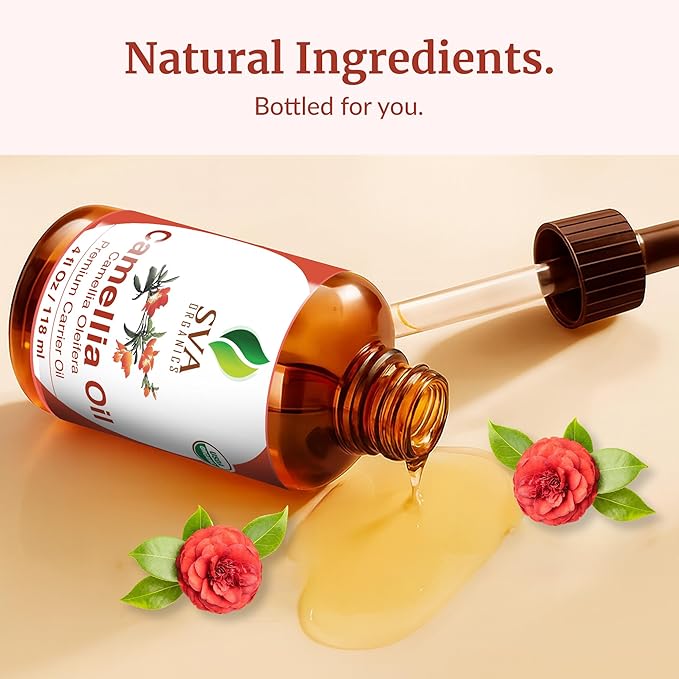 SVA Camellia Seed Oil Organic - 4 Fl Oz – 100% Natural Cold Pressed Organic Camellia Oil - for Face, Skin Care, Hair Care, Scalp Massage & Body Massage – Carrier Oil with Dropper