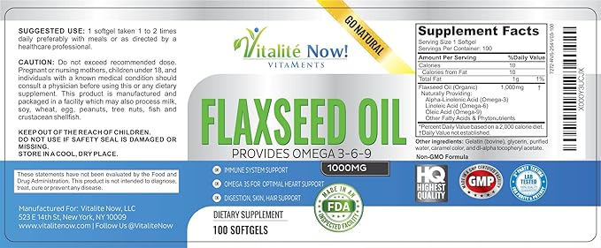 Organic Flaxseed Oil Softgels - 1000mg Premium, Virgin Cold Pressed from Flax Seeds - Hair Skin & Nails Support - Omega 3-6-9 Supplement - 100 Count - More Than 3 Month Supply!