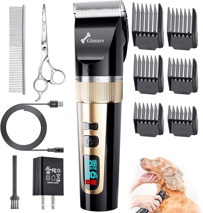 Gimars Professional 7000rpm Low Noise 55db Cordless Rechargeable Dog Clippers, 3.0 Motor Powerful Dog Long Hair Trimmer Grooming Shaver Kit, Electric Pet Hair Clippers for Cat, Horse