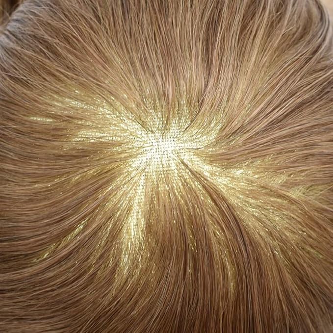 FACE MIRACLE Toupee for Men French Lace Hairpiece Human Hair Replacement System Skin PU Mens Toupee Hair Wigs for Man V-Looped Front Hair Prosthesis 7"X9" 17R#BROWN/BLONDE MIX WARM TONE