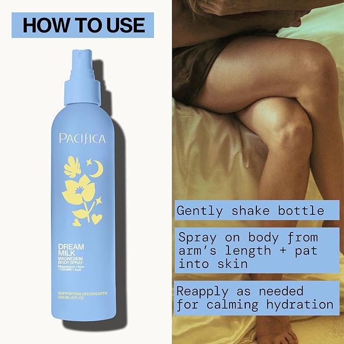 Pacifica Dream Milk Magnesium Spray for Sleep & Relaxation - Natural Magnesium Body Mist Infused with Lavender, Chamomile & Essential Oils, Vegan & Cruelty-Free, Clean Beauty, 4 fl oz
