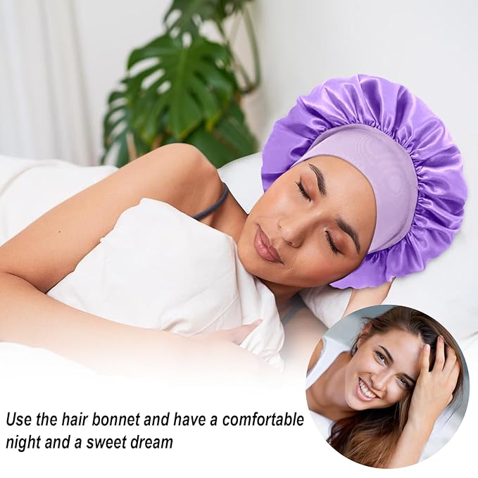 4Pcs Silk Hair Bonnets for Sleeping - Elastic Wide Band Satin Hair Wrap for Sleeping Black Women Men,Silk Bonnets for Curly Hair,Sleep Cap (Purple & Pink & Sapphire Blue & Black)