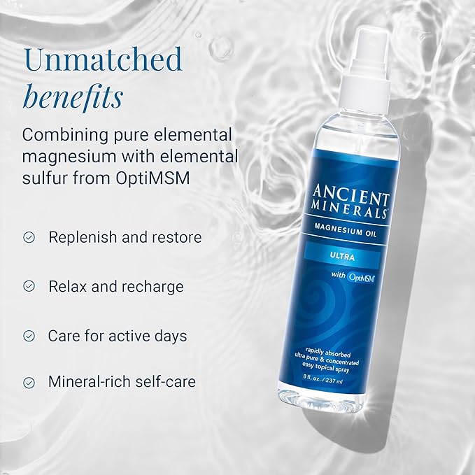 Ancient Minerals Ultra Magnesium Oil Spray Bottle of Pure Genuine Zechstein Magnesium Chloride - Topical Skin Application (8oz)