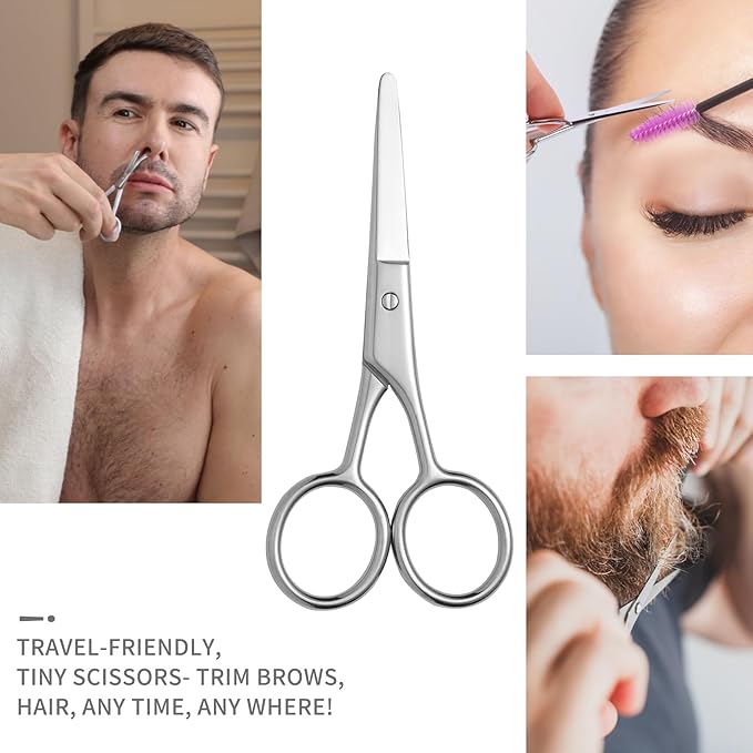 2PCS Small Grooming Scissors for Men and Women, Facial Hair Trimming Scissors with Straight & Rounded Safety Tips for Eyebrows, Nose Hair, Beard, Mustache, Eyelashes, and Ear Hair - Silver & Black