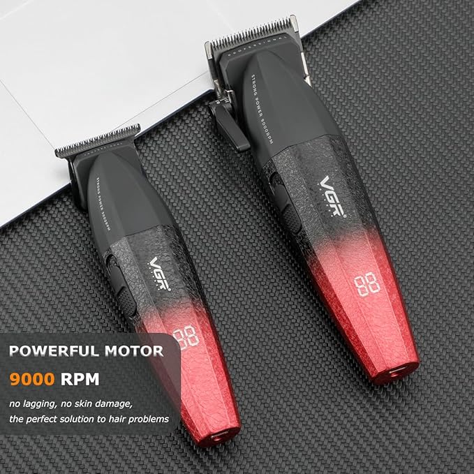 VGR 640 Professional Hair Clippers for Men, 9000RPM Cordless Barber Clippers and Trimmers Set, Zero Gap T-Blade Hair Cutting Kit, DLC Coated Ceramic Blade Barber Kit with LED Display(Red)