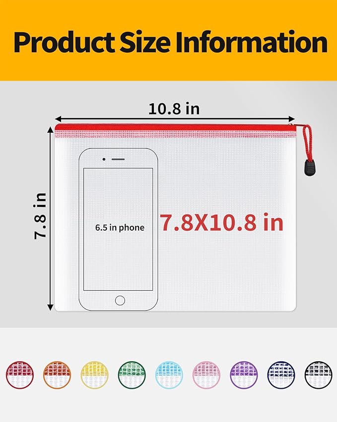 SUNEE Plastic Mesh Zipper Pouch 7.8x10.8 in (9 Colors, 18 Packs),Extra Large Water-Resistant Zip Bag for School Office Supplies, Puzzles & Games Organizing Storage