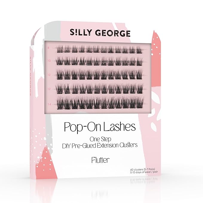 Silly George Pop-On Lashes - DIY 1-Step Pre-Glued Faux Eyelash Clusters, Natural Look Extensions, Black - Flutter, 5-7 Pair Set, Pack of 60 Clusters