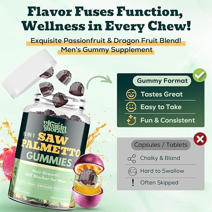 Saw Palmetto Gummies for Men – 600mg Extra Strength DHT Blocker with Biotin, Pumpkin Seed – Supports Prostate Function, Urinary Flow & Hair Regrowth Supplement, 60 Passionfruit-Dragonfruit Gummies