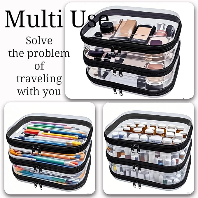 3 Piece Clear Hard Shell Zipper Case, Hard Plastic Clear Makeup Bag, TSA Approved Anti-Crush Toiletry Cosmetic Organizer Pouches for Travel & Daily