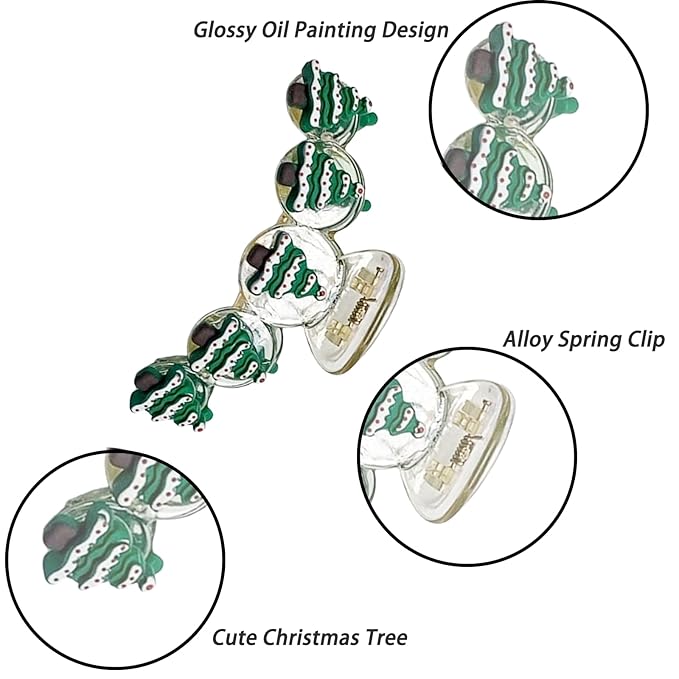 1pcs Christmas Hair Clips, 5D Stereoscopic Green Tree Claw Clips, Transparent Hairpin with Snow Tree Charm Designs, Large Size Christmas Hair Claw Clips, Xmas Hair Accessories for Hairstyle Decor