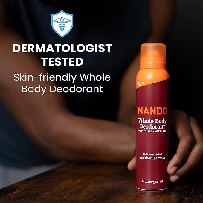 Mando Whole Body Deodorant For Men - Invisible Spray Deodorant - 72 Hour Odor Control - Low Irritation Formula - Aluminum Free, Benzene Free - 3.6 ounce Cans (Pack of 2) - Bourbon Leather