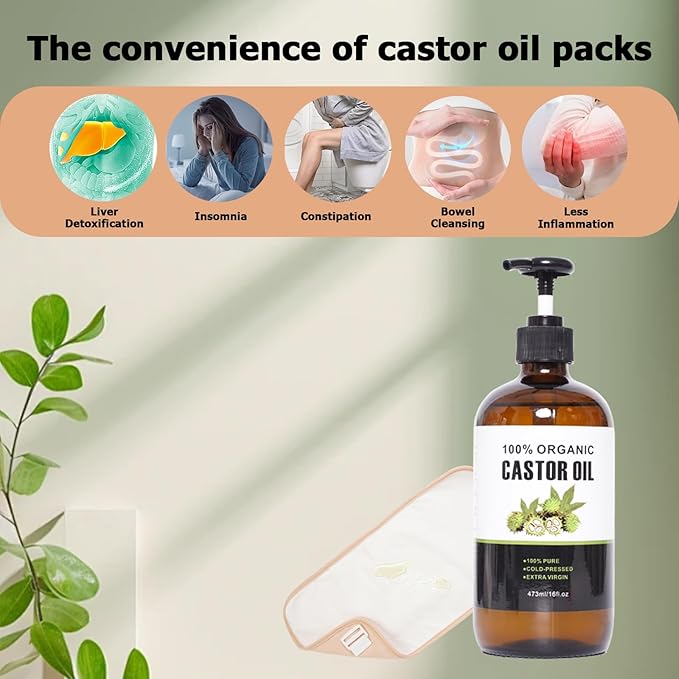Organic Cold Pressed Unrefined Castor Oil (16oz/473ml), Castor Oil Pack Kit with Organic Cotton Wrap for Waist, Knees, Neck