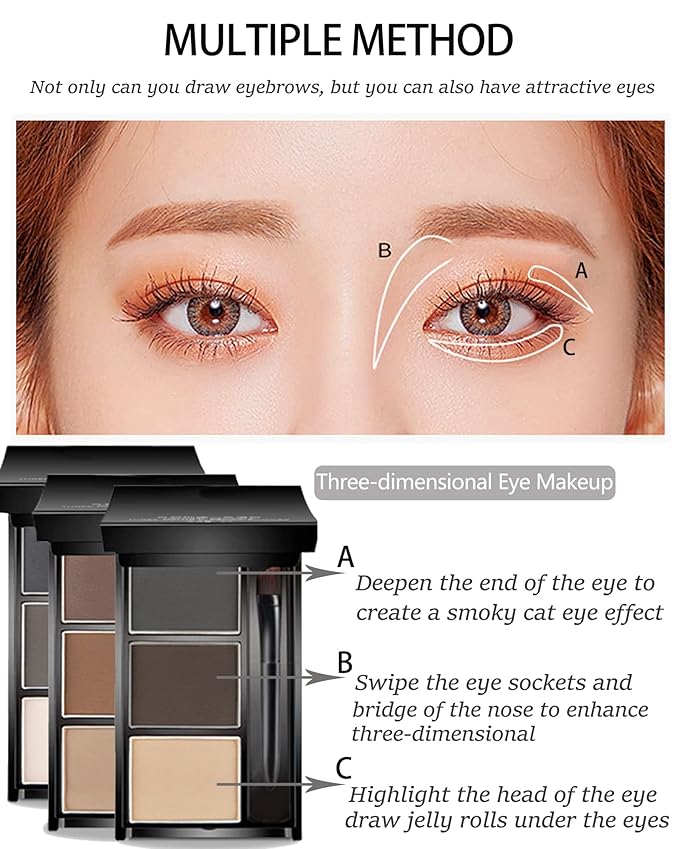 Eyebrow Powder Makeup Kit-3 Colors Eye Brow Powder Palette Long-Lasting Waterproof, Grey Brown Series Brow Filler, Fill & Sculpt Full Eyebrows for Women, With Mirror, Brow Brush & Razor-Set 03